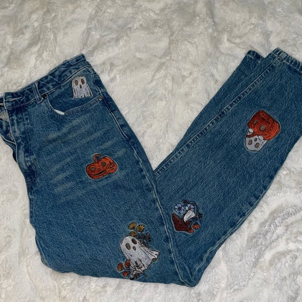 Hot Topic Blue Jeans with Ghost and Pumpkin Embroidery - Picture 2 of 7